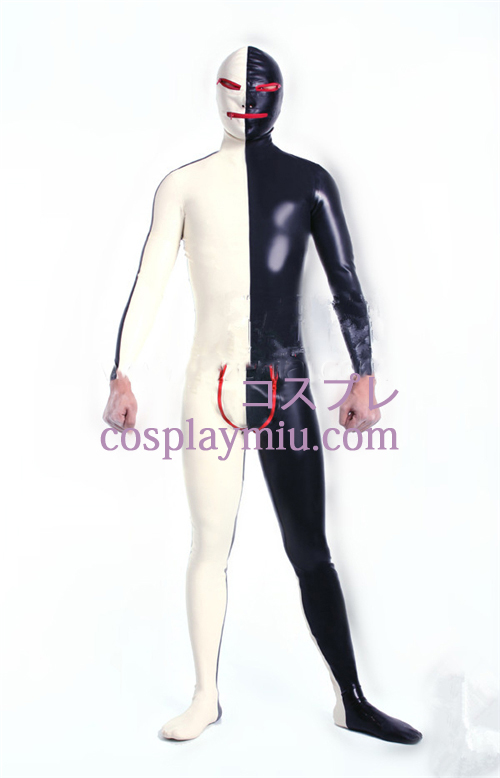 Black White Lycra Spandex Zentai Suit with Open Eyes and Mouth
