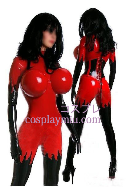 Sexy Red and Black Female Latex Catsuit with Inflatable Bust